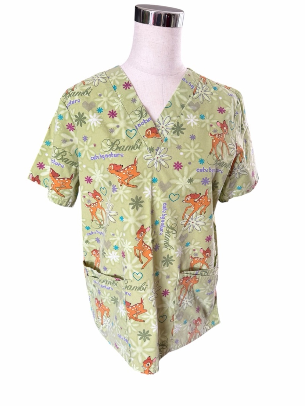 Disney Small Bright Green Bambi V Neck Short Sleeve Scrub Top - Picture 6 of 6
